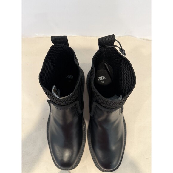 Zara Black Leather Black Ribbed Sock Ankle Boots Chelsea Women US 7.5 EUR 38 - Picture 13 of 15